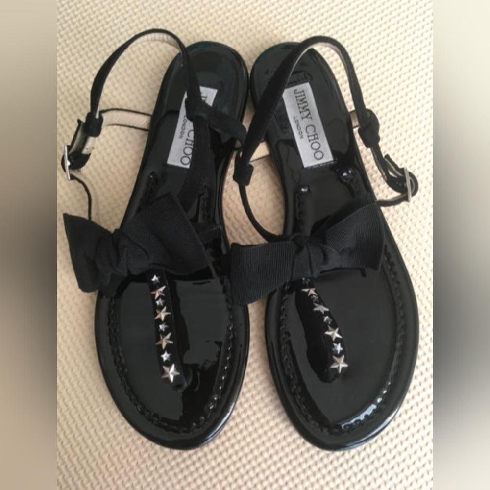 Jimmy Choo Boho Bow Star Studded Black Patent Sandals Made In Italy Size 39.5
